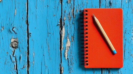 Red Notebook and Pencil on Weathered Blue Wood
