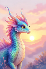 Fototapeta premium Majestic iridescent dragon with vibrant scales gazes thoughtfully at a serene sunrise.