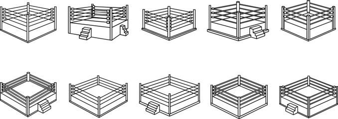 Boxing and wrestling ring silhouette vector set, black and white isometric icons, editable illustration for sport, arena, combat, match, design layout