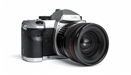 Fototapeta premium Silver/black camera with wide lens, textured grip, white backdrop