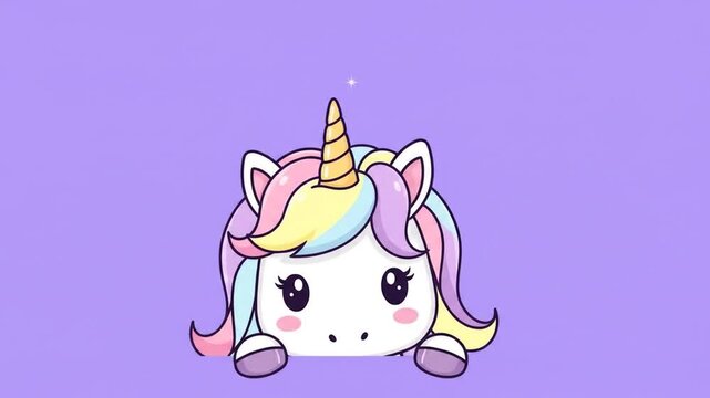Cartoon unicorn with rainbow mane and horn on a lavender background