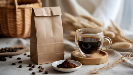 Freshly brewed black coffee in a glass cup served with coffee beans and ground coffee presented in a cozy and inviting setting