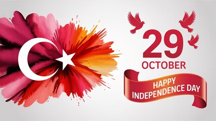 Turkish Republic Day art with splash, crescent, star, and birds.