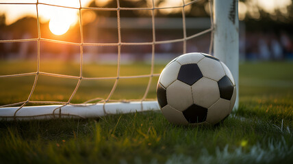 Soccer ball on the grass near a goal net illuminated by the setting sun perfect for sports and recreation concepts
