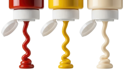 Ketchup mustard and mayonnaise squeeze bottles with dripping sauces transparent background cutout png