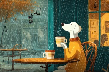 cute caf&eacute; scene with dog holding coffee mug, rain pouring outside and jazz notes in the air