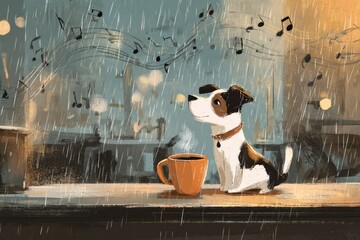 cute caf&eacute; scene with dog holding coffee mug, rain pouring outside and jazz notes in the air