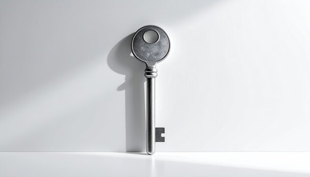 Metal key stands in bright light with long shadow
