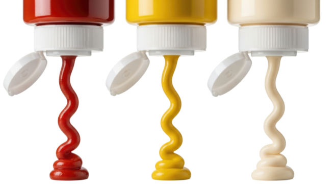 Ketchup mustard and mayonnaise squeeze bottles with dripping sauces transparent background cutout png