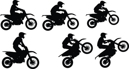 Dirt bike rider silhouette vector set, black and white motocross icons, editable illustration for sport, stunt, extreme, racing, outdoor motion design