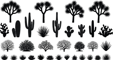 Desert plant silhouette set, black vector illustration, cactus and tree icons, arid landscape flora, botanical elements, nature design, isolated graphic collection