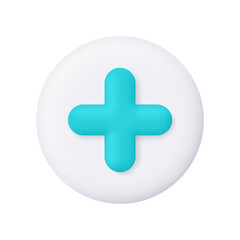 Plus or medical cross on white circle button. Medicine, healthcare, user interface and technology concept. 3d vector icon. Cartoon minimal style.