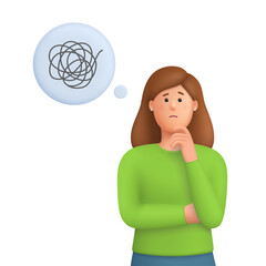 Thoughtful woman Kate thinking with speech bubble and tangled thoughts. Decision making, doubt, mental blocks and problem solving concept. 3d vector people character. Cartoon minimal style.