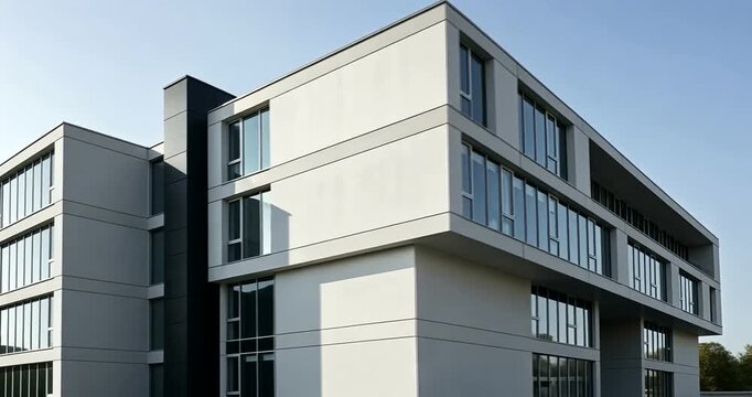 Modern architectural building with large windows and minimalist design against a clear sky