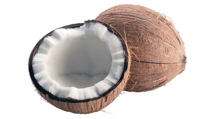 Fresh coconut half showing white pulp tropical summer fruit isolated on white background