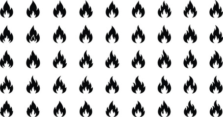 Flame icon grid, black fire symbols, stylized burning shapes, vector illustration, heat concept, minimal design, abstract pattern, isolated graphic elements