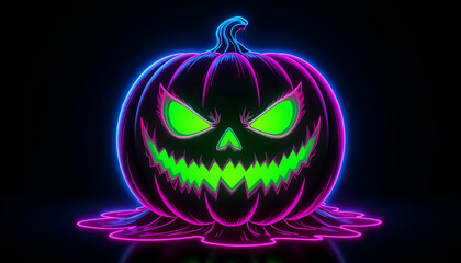 Acid Green Glowing Jack-o'-Lantern with Pink Blue Neon Outline