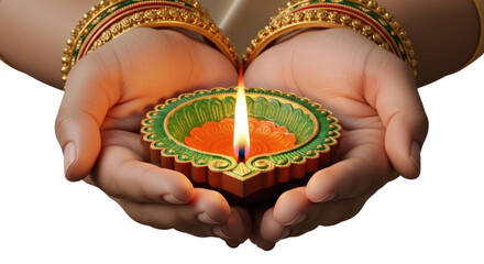 Hands holding a diya with a flame transparent background cutout png
