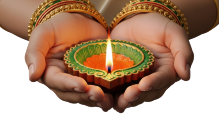 Hands holding a diya with a flame transparent background cutout png