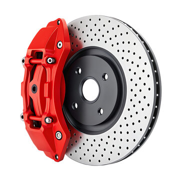High performance red brake caliper and drilled rotor on black background