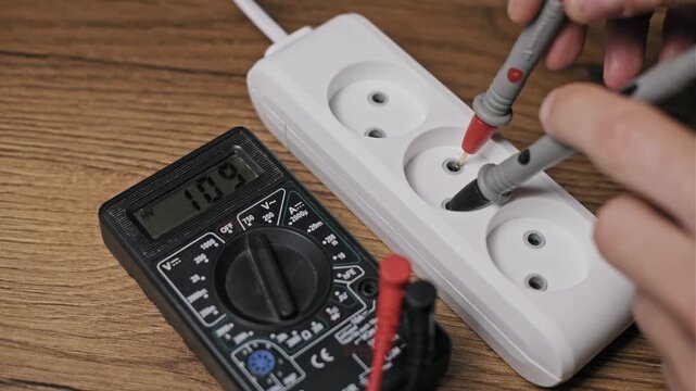 Closeup of an electrician's hands using digital multimeter probes to measure voltage in a white power strip socket. The LCD screen shows a 220 volt reading during a safety check on a wood desk.