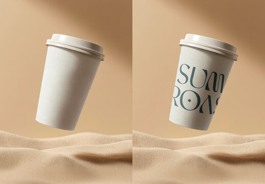 Floating Coffee Cups Mockup In Desert PSD