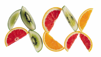 Citrus mix grapefruit orange kiwi slice creative composition on white background
