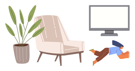 Cozy armchair, leafy plant in a pot, modern TV screen, and lounging person lying on the floor. Ideal for leisure, relaxation, home comfort, entertainment, minimalism lifestyle simple flat metaphor