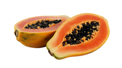 Ripe papaya cut open showing orange flesh and black seeds tropical exotic fruit background