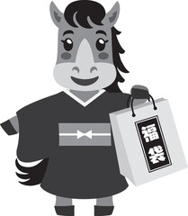 福袋を持つかわいい馬　白黒
