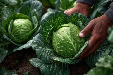 Fototapeta premium Hands of a farmer gently harvesting fresh green cabbage from a lush garden, showcasing vibrant leaves and the natural beauty of agricultural produce in a serene environment