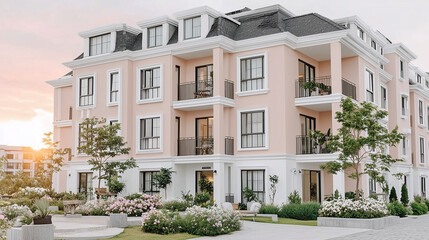 Fototapeta premium Classic pastel residential building at dawn — architecture of a housing complex, morning light and cozy neighborhood.