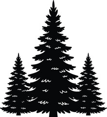 Three pine tree silhouettes with central tall evergreen, black vector illustration, forest nature design, winter outdoor graphic, seasonal conifer shape composition
