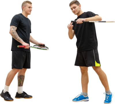 Two squash players discussing game strategy before game with rackets in hand on transparent background. Concept of teamwork, sportsmanship, respect, and strategy in athletic competition.