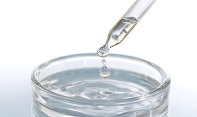 a glass pipette filled with liquid, droplets falling from the tip of an eyedropper into a circular laboratory dish on a white background
