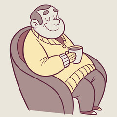 Cartoon-style depiction of an overweight man seated comfortably, sipping a hot drink. Great for concepts of comfort, warmth, and leisure.