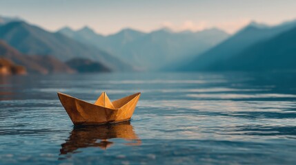 Fototapeta premium Stunning photo of small yellow paper boat floats on a calm lake with mountains in the background.