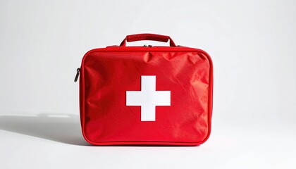 Red first aid kit, white cross, bright