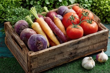 Fresh organic vegetables in a rustic wooden crate, featuring vibrant tomatoes, carrots, and root vegetables, arranged beautifully against a lush green background