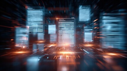 Stunning photo of abstract digital data streams with glowing orange and blue lights.