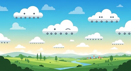 Fototapeta premium Cartoon landscape with clouds, rain, and a beautiful green field.