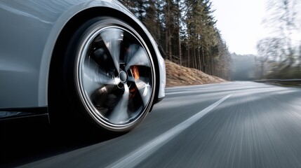 Stunning photo of close up of a spinning car wheel on a scenic forest road.