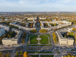 Symmetrical square plaza aerial view autumn Krakow Nowa Huta Poland classical architecture courtyard horizontal drone urban photography