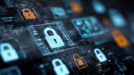 Stunning photo of digital security concept with glowing padlock icons on a circuit board.