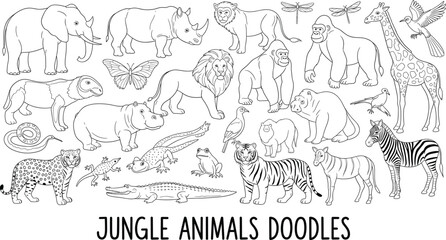 Jungle animal doodle vector set, black and white cartoon wildlife illustrations, editable graphic for kids, education, nature, zoo, safari themes