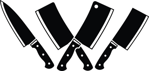 Kitchen knife silhouette vector set, black and white culinary tools, editable illustration for cooking, chef, butcher, food preparation, kitchen design