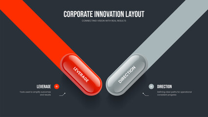 Marketing Launch Two Element Diagram Slide Layout. Consulting Strategy 2 Option Infographic Presentation Design. Corporate Visualization Slideshow Template Vector Illustration.