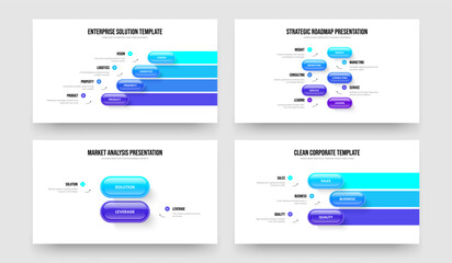 Market Plan 4 5 2 3 Option Diagram Slide Design Bundle. Product Profile Four Five Two Three Step Infographic Frame Layout Vector Illustration Collection.