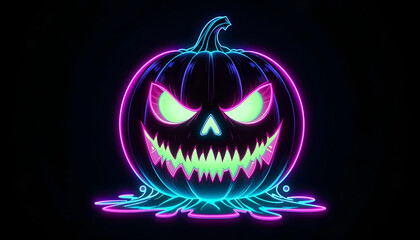 Blue and Pink Neon Jack-o'-Lantern with Bright Green Evil Face