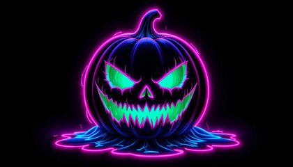 Menacing Jack-o'-Lantern: Pink Neon Outline with Cyan-Green Glowing Face